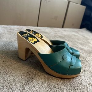 Teal Swedish hasbeens mules